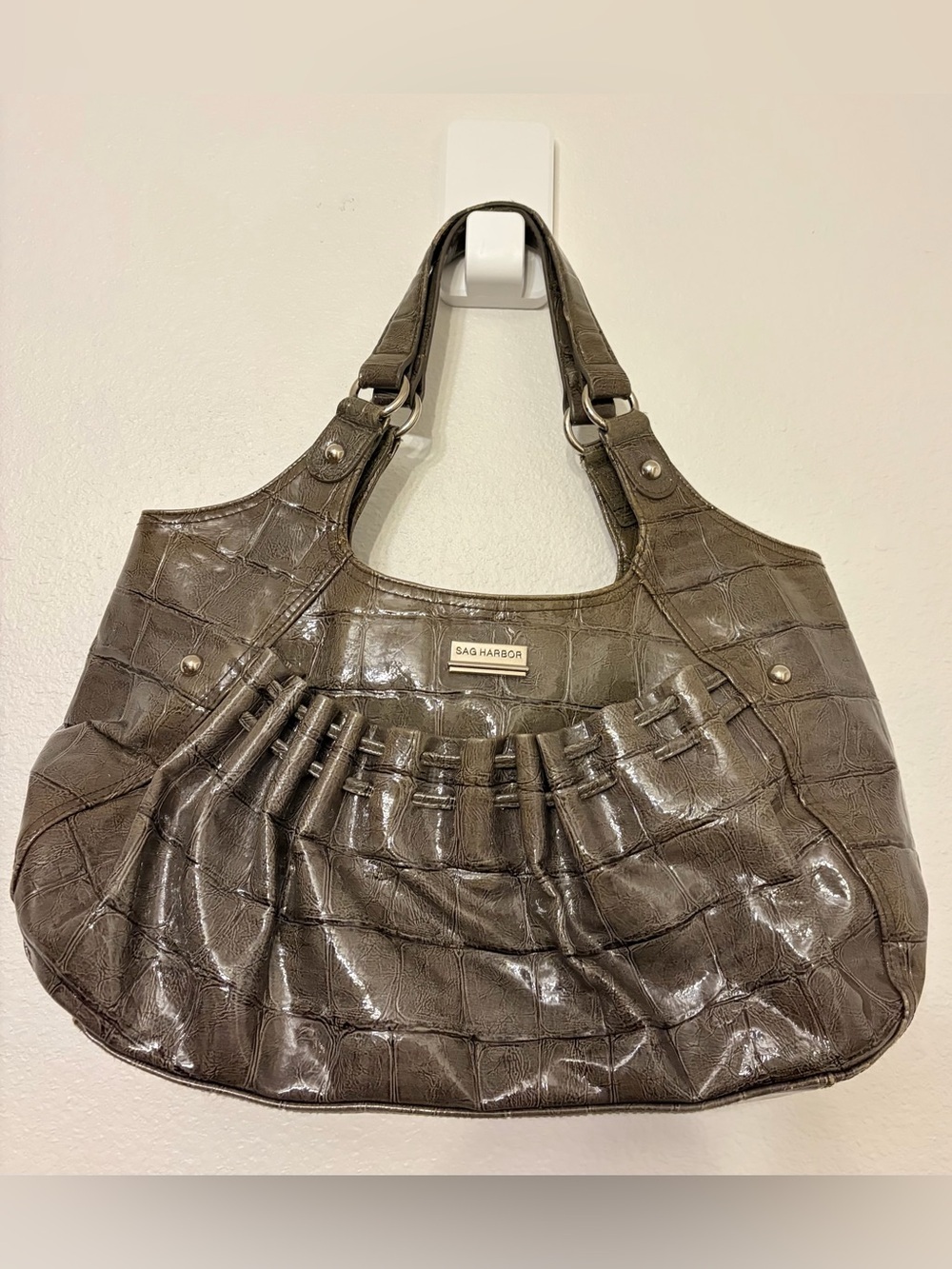 VTG Sag Harbor Y2K Gray Faux Croc Hobo Bag Ruched Grunge Shoulder Tote